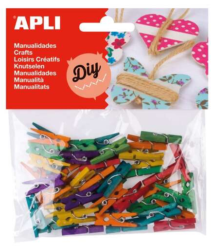 Apli Pack de 45 Mini Pinzas de Madera Natural 25 x 3 mm - Colores Surtidos