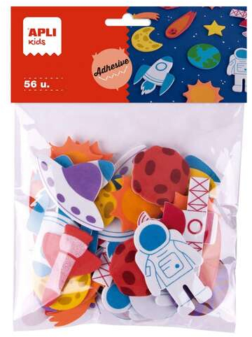 Apli Kids Bolsa de 56 Formas de Goma EVA Adhesivas Tematica Espacio - 14 Diseños Diferentes - Medidas de 3 a 6cm - Colores Surtidos