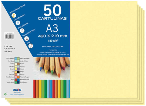 PACK 50 Cartulinas A3 - Gramaje de 180g - Amarillo Canario