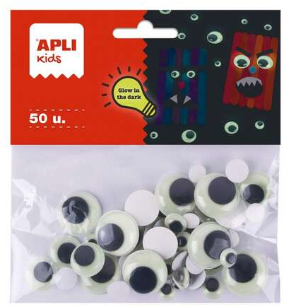 Apli Kids Bolsa de 50 Ojos Moviles Redondos Adhesivos - Brillan en la Oscuridad - Tamaños 8mm, 10mm, 15mm, 20mm