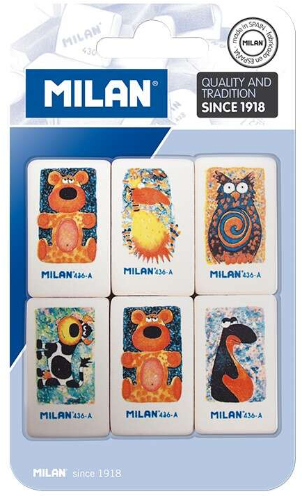 Milan 436A Pack de 6 Gomas de Borrar con dibujos - Miga de Pan