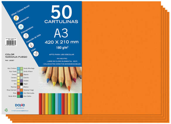 PACK 50 Cartulinas A3 - Gramaje de 180g - Naranja Fuego