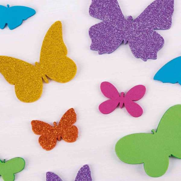Imagen extra Apli Pack de 50 Mariposas de Goma EVA - Tamaños Surtidos - 6 Formas - con Purpurina - Colores Surtidos