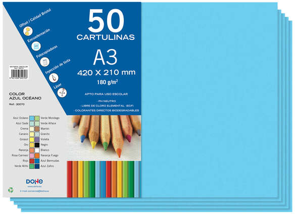 PACK 50 Cartulinas A3 180 g/m2. Azul Oceano