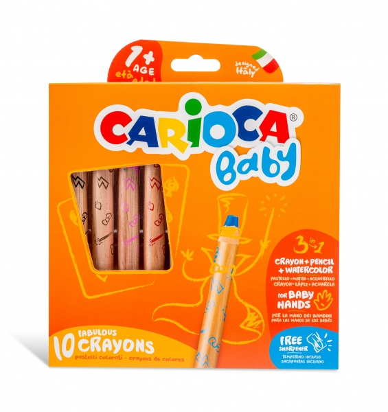 Carioca Baby 1+ 3In1 Pack de 10 Lapices - Lapiz, Cera y Acuarela en Uno - Cuerpo Extragrande - Acuarelables con Agua y Pincel