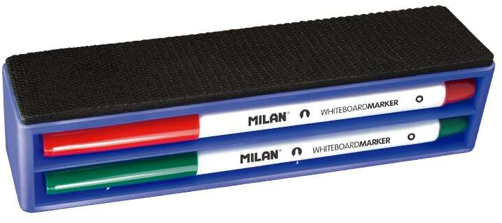 Milan Pack de Borrador Magnetico + 4 Rotuladores para Pizarra Blanca - Punta Redonda 3.7 mm - Borrables en Seco - Tinta a Base d