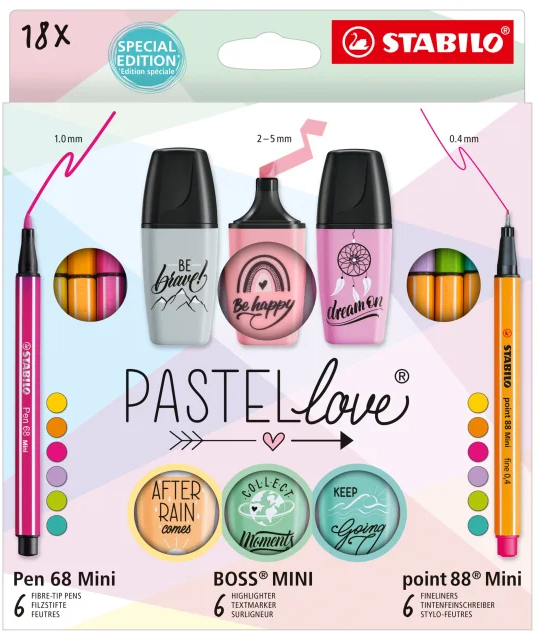 PACK 18 Stabilo Pastellove. (6 Rotuladores Premium Pen 68 Mini, 6 Rotuladores Point 88 Mini y 6 Marcadores MINI Pastellove)