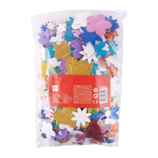 Imagen extra Apli Pack de 450 Formas de Goma EVA Adhesiva con Purpurina - Estrellas, Corazones, Flores y Mariposas - Grosor 2mm