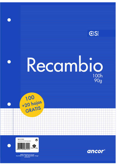 Recambio de 120 Hojas 90gr A4 Cuadriculado 4x4mm - 4 Taladros