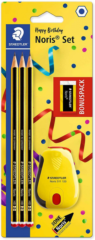 PACK 3 Lapices Staedtler Noris 120 HB (Dureza estandar) + Goma de Borrar + Sacapuntas con deposito
