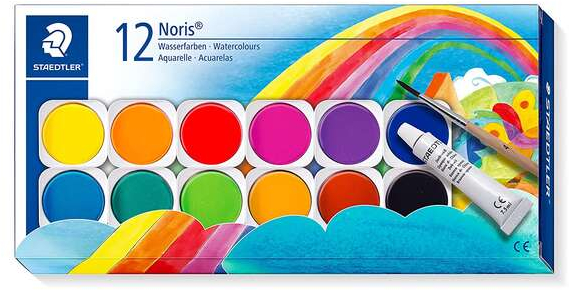 Staedtler Noris 888 12 Pastillas de Acuarela + Tubo Zinc Blanco + Pincel - Mezclables entre si - Colores Surtidos