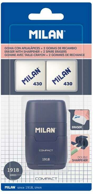 Milan Compact Serie 1918 Afilaborra Compact con 2 Gomas de Borrar - Sacapuntas Doble