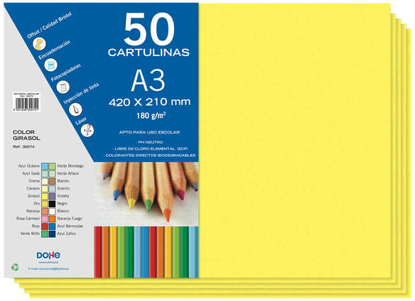 PACK 50 Cartulinas A3 180 g/m2. Amarillo