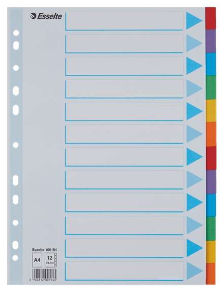 Esselte Separadores A4 Carton - 12 Pestañas de colores - Multitaladro 
