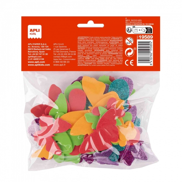 Imagen extra Apli Pack de 50 Mariposas de Goma EVA - Tamaños Surtidos - 6 Formas - con Purpurina - Colores Surtidos