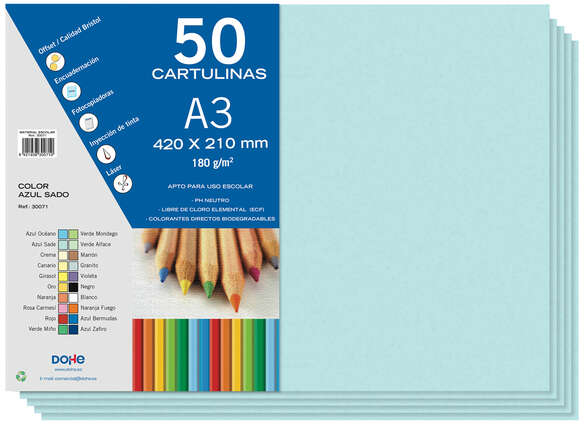 PACK 50 Cartulinas A3 - Gramaje de 180g - Azul Sado
