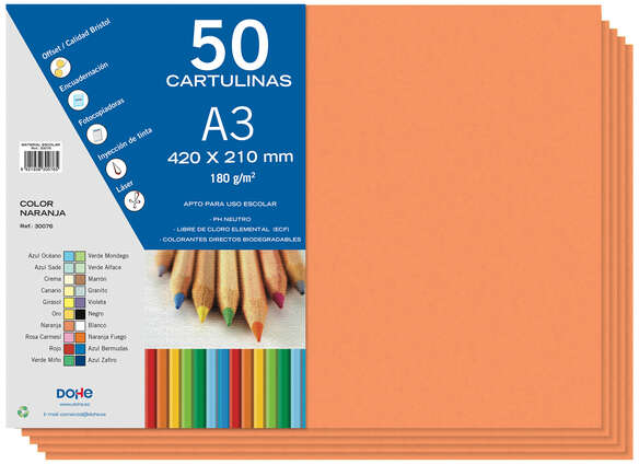 PACK 50 Cartulinas A3 - Gramaje de 180g - Naranja