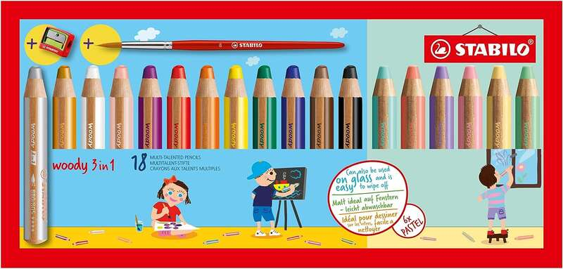 Stabilo Woody 3 en 1 - PACK 18 Lapices de Colores Incluidos Pastel + Sacapuntas + Pincel Nº 8