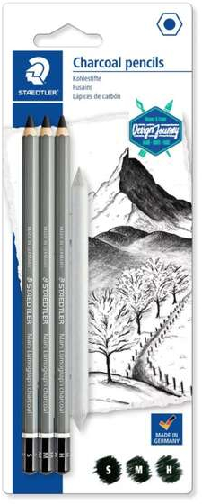 Staedtler Mars Lumograph Charcoal 100C Pack de 3 Lapices de Grafito + Difuminador