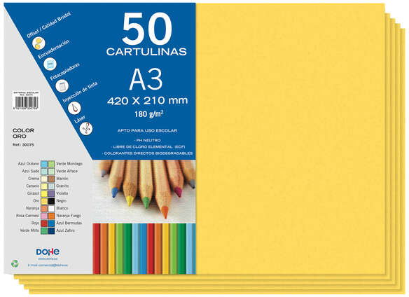 PACK 50 Cartulinas A3 - Gramaje de 180g - Amarillo Oro