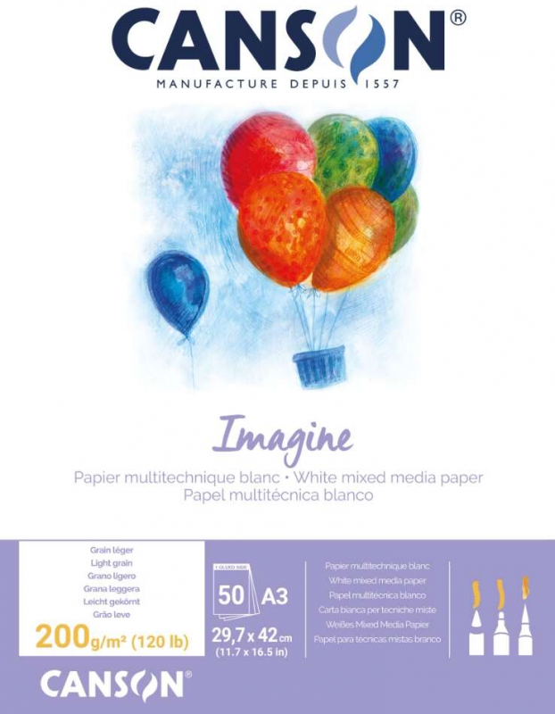 Canson Imagine Bloc Encolado de 50 Hojas A3 - Grano Fino - 29.7x42cm - 200g - Blanco
