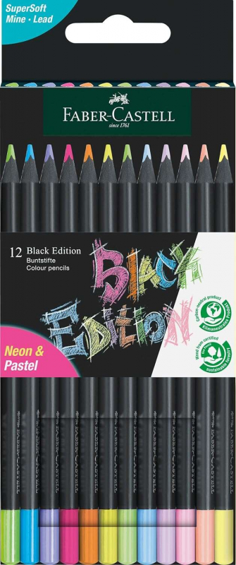 Faber-Castell Black Edition Pack de 12 Lapices de Colores Neon+Pastel 