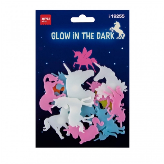 Apli Unicornios Luminiscentes 3D - Plastico Solido - Brillan en la Oscuridad - Adhesivo Permanente - Diseños y Tamaños Surtidos