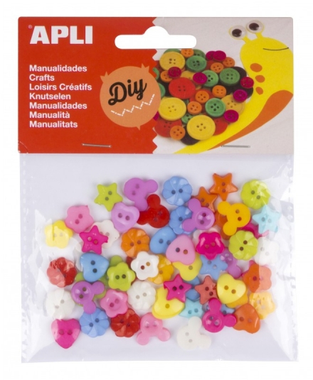 Apli Pack de 60 Botones de Plastico Surtidos - Formas Diversas - Colores Surtidos