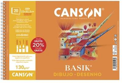 Canson Basik Bloc de Dibujo Espiral 20 Hojas A4+ 130g - Sin Recuadro - 23x32.5cm - Blanco