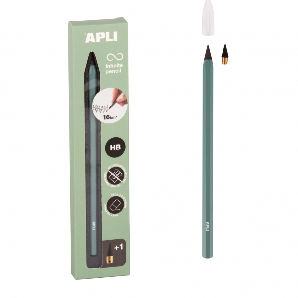 Lapiz infinito - Apli Infinite Pencil HB + Mina de Recambio + Tapon Protector (Hasta 16km). Verde