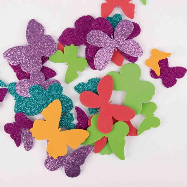 Imagen extra Apli Pack de 50 Mariposas de Goma EVA - Tamaños Surtidos - 6 Formas - con Purpurina - Colores Surtidos