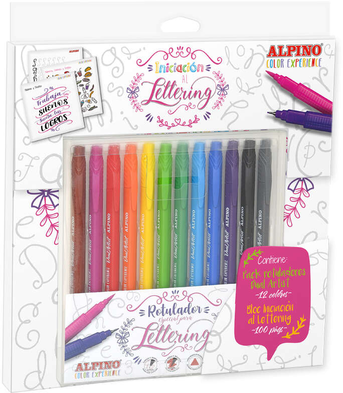 Alpino Color Experience Pack de 12 Rotuladores Dual Artist + Libro Guia de Iniciacion al Lettering