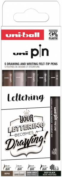 Uni-ball Uni Pin Lettering Pack de 5 Rotuladores Calibrados 0.8, y Brush