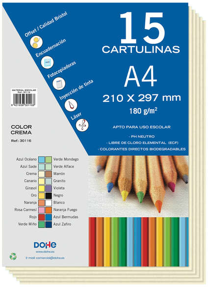 PACK 15 Cartulinas A4 - Gramaje de 180g - Crema