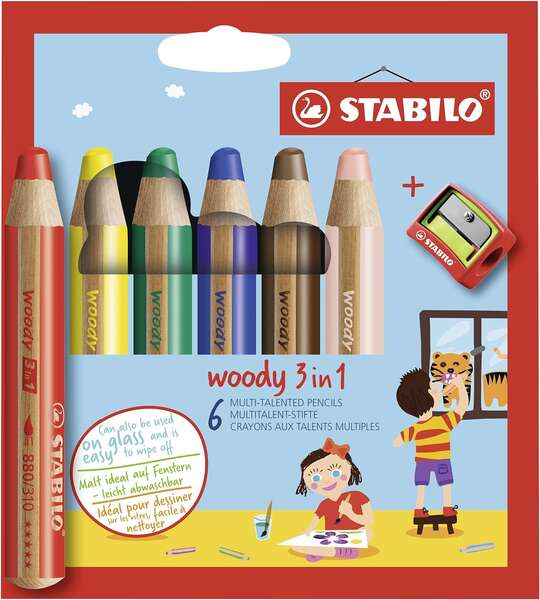 Stabilo Woody 3 en 1 - PACK 6 Lapices de Colores + Sacapuntas