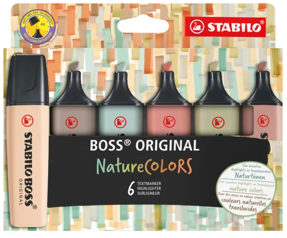 PACK 6 Marcadores Stabilo Boss Naturecolors (Siena, Beige, Ocre Oscuro, Gris Calido, Verde Barro y Verde Tierra)