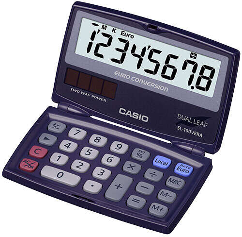 Casio SL-100VERA Calculadora de Bolsillo Tipo Concha - Pantalla LC Extragrande de 8 Digitos. Azul oscuro