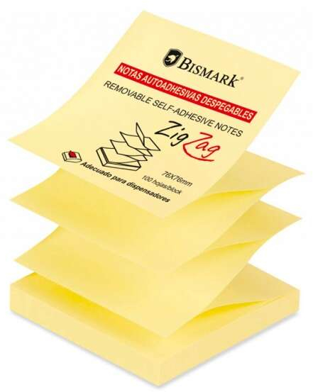 Notas adhesivas en zig-zag 75x75, 100 hojas amarillas.
