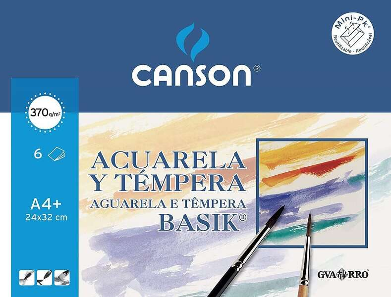 Canson Acuarela Basik Minipack de 6 Hojas A4+ 370gr - Muy Bien Encolado - De grano Ligero - Blanco