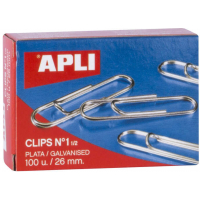 Clips niquelados APLI de 26mm. Caja de 100 clips. Numero 1,5 