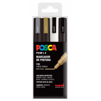 PACK de 4 rotuladores Posca PC-3M (Plata, Oro, Blanco y Negro), punta Fina 1,5mm Multisuperficie (cristal, madera, tela, plastico)