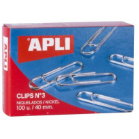 Clips niquelados APLI de 40mm. Caja de 100 clips. Numero 3