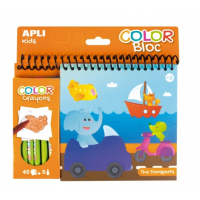 Apli Bloc de Dibujos de Transportes con Ceras - Ilustrado por Isabelle Nicolle - 45 Paginas - 5 Ceras de Colores - Ideal para Viajes - Alto Valor Didactico - Estimula Creatividad y Concentracion