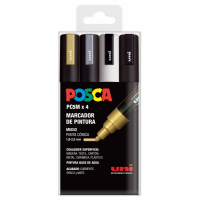 PACK 4 Rotuladores Posca PC-5M (Oro, Plata, Blanco y Negro) Punta de Bala 1.8-2.5mm