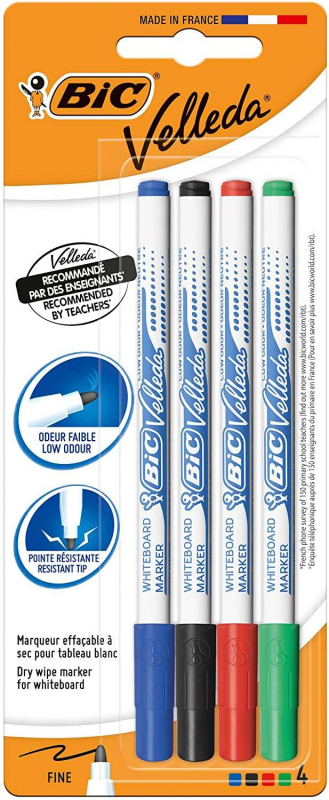 Bic Velleda 1721 Pack de 4 Rotuladores para Pizarra - Punta Fina - Trazo de 1.6mm - Colores Surtidos