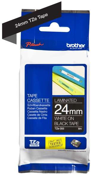Imagen extra Brother TZe355 Cinta Laminada Original de Etiquetas Texto blanco sobre fondo negro Ancho 24mm x 8 metros