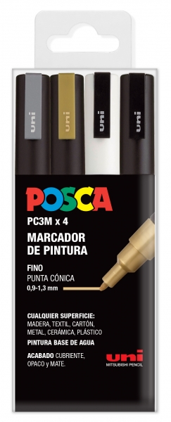 PACK de 4 rotuladores Posca PC-3M (Plata, Oro, Blanco y Negro), punta Fina 1,5mm Multisuperficie (cristal, madera, tela, plastico)