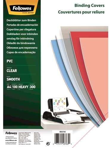 Fellowes PACK 100 Portadas para Encuadernar de PVC A4 300 Micras Transparente