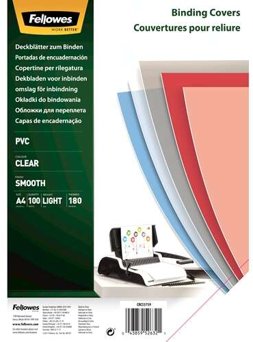 Fellowes PACK 100 Portadas para Encuadernar de PVC A4 180 Micras Transparentes