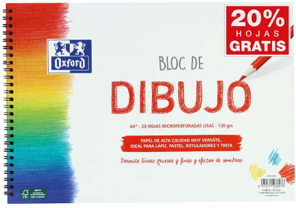 Oxford Bloc de Dibujo Escolar Espiral Formato A4+ Liso - 20 Hojas Microperforadas 130gr Color natural - Papel de Superfície Rugosa